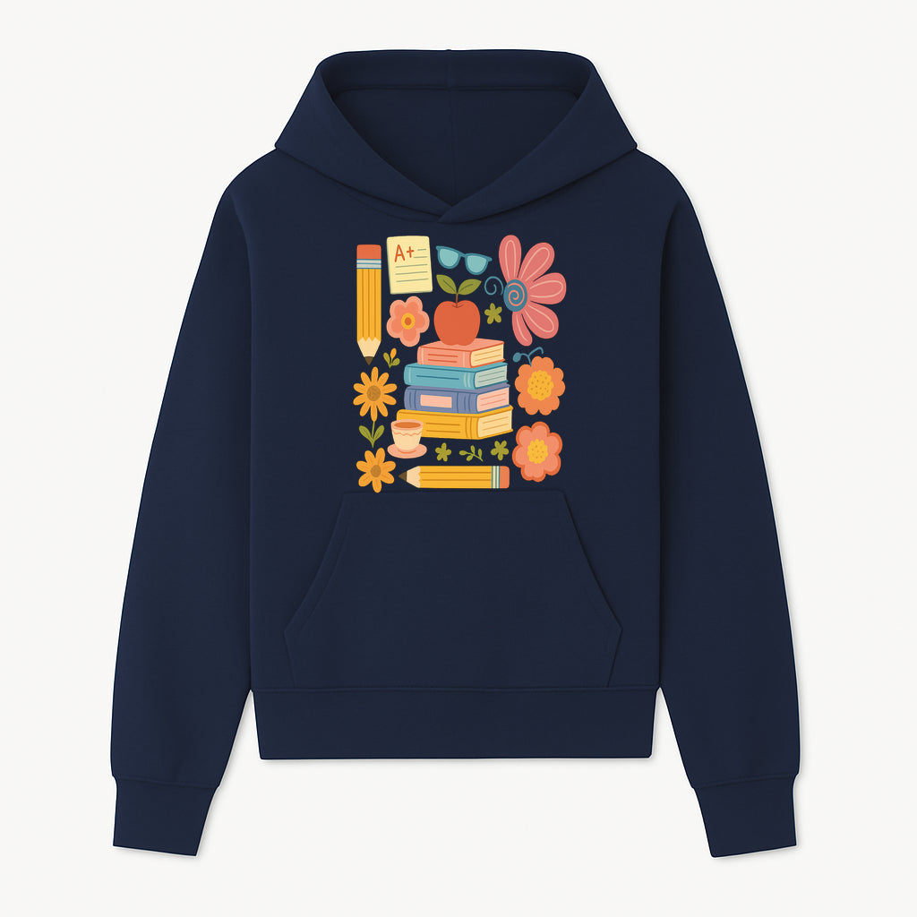 Colorful School Supplies Print - Books, Pencil, Apple, Flowers, and Glasses - Cute Classroom Decor for Kids or Teachers - Hoodie 1758093372548.jpg