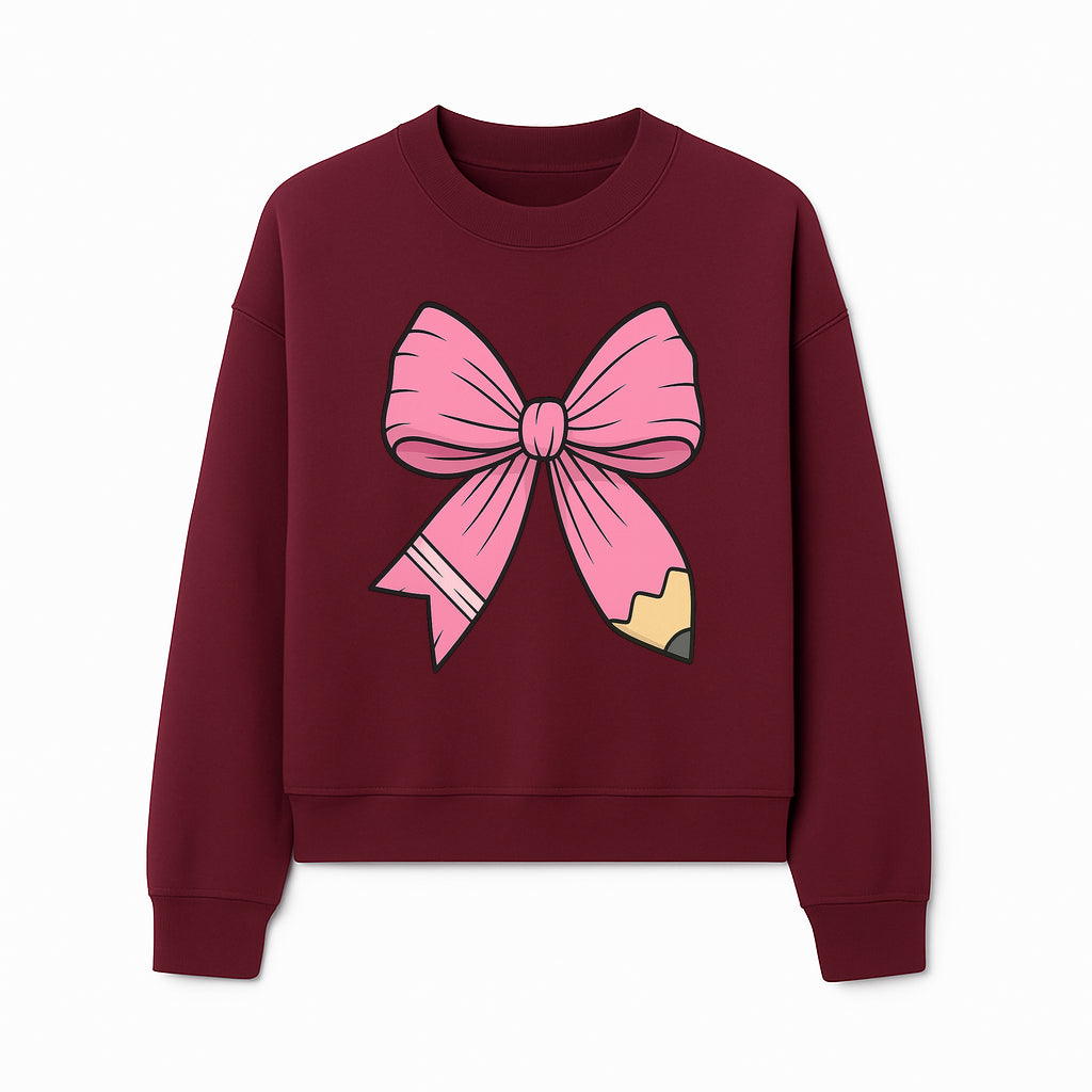 Pink Bow with Pencil Design, Cute Stationery Decor, Gift for Teachers, School Supplies, Arts and Crafts, Kawaii Aesthetic Accessories - Sweatshirt 1758093372550.jpg