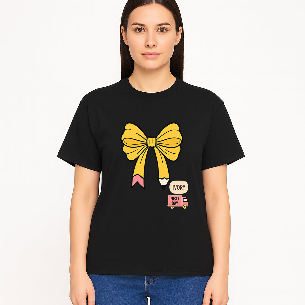 Yellow Pencil Bow Decor Cute Stationery Gift, Art Supplies, Kids School Accessories, Next Day Shipping, Ivory Color Theme - T-shirt 1758093372608.jpg