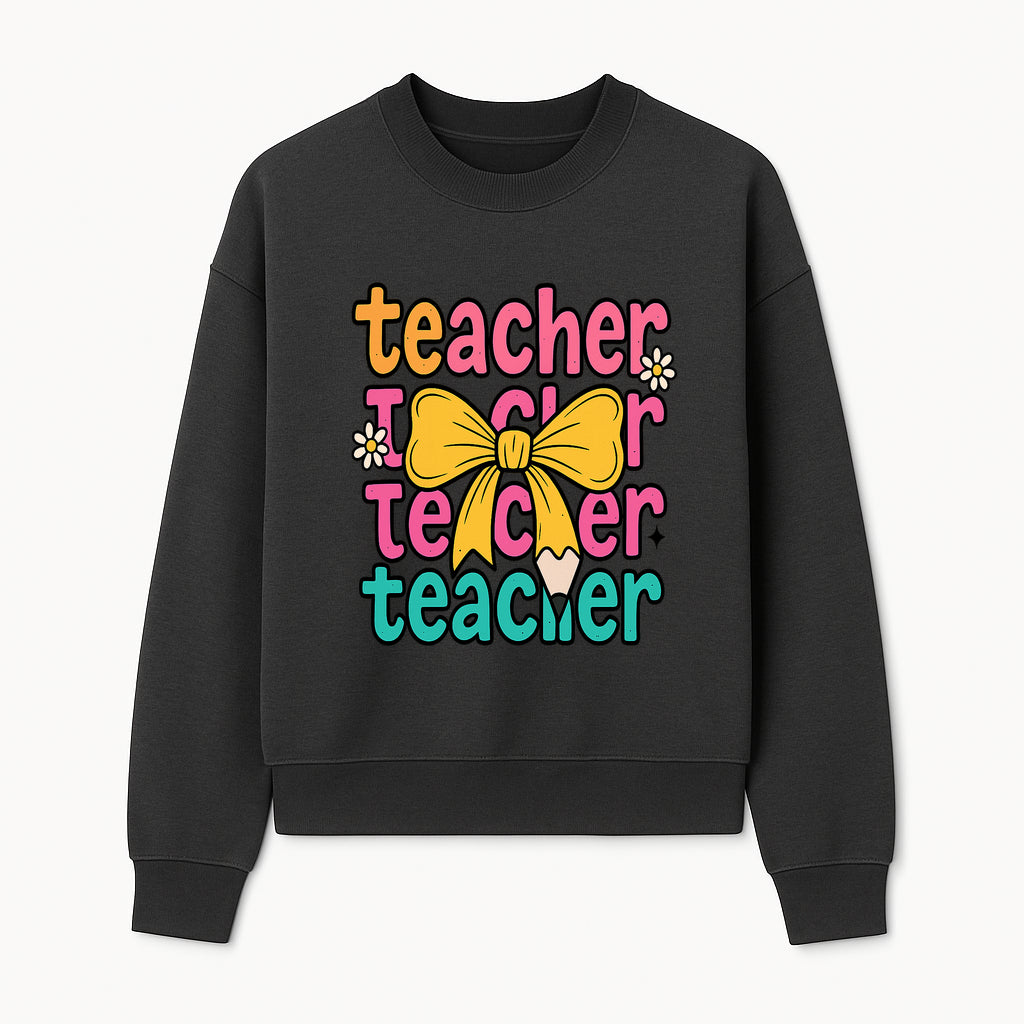 Colorful Teacher Graphic Tee with Pencil and Bow | Cute Teacher Appreciation Gift for Students or Educators - Sweatshirt 1758093372617.jpg