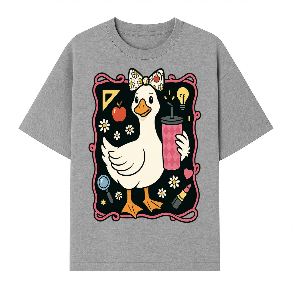 Cute Duck with Bow and Drink - Whimsical Animal Art Print, Fun Retro Style Home Decor, Ideal for Kids' Rooms or Gift Ideas - T-shirt 1758093372631.jpg