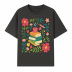 Whimsical Book Stack with Coffee and Flowers Art Print - Cozy Reading Decor for Home or Office - T-shirt 1758093372666.jpg