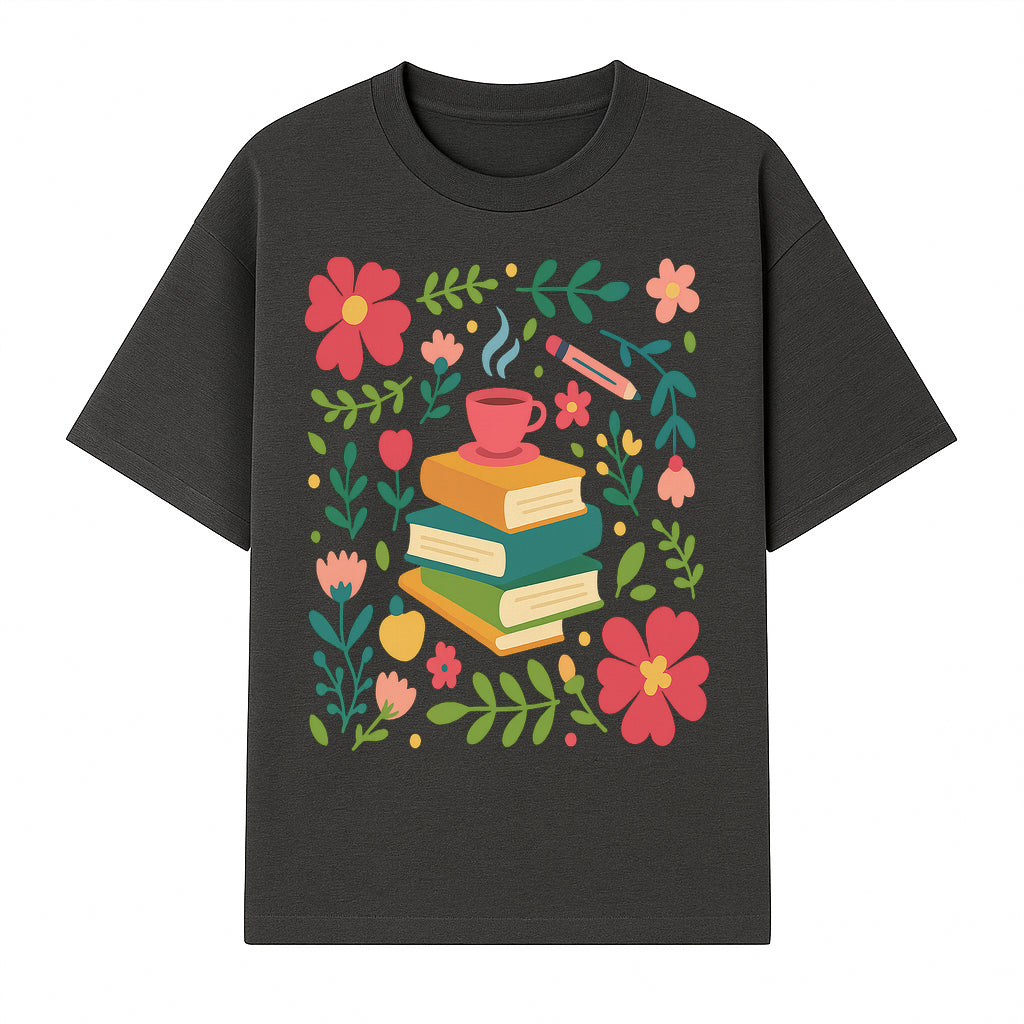 Whimsical Book Stack with Coffee and Flowers Art Print - Cozy Reading Decor for Home or Office - T-shirt 1758093372666.jpg