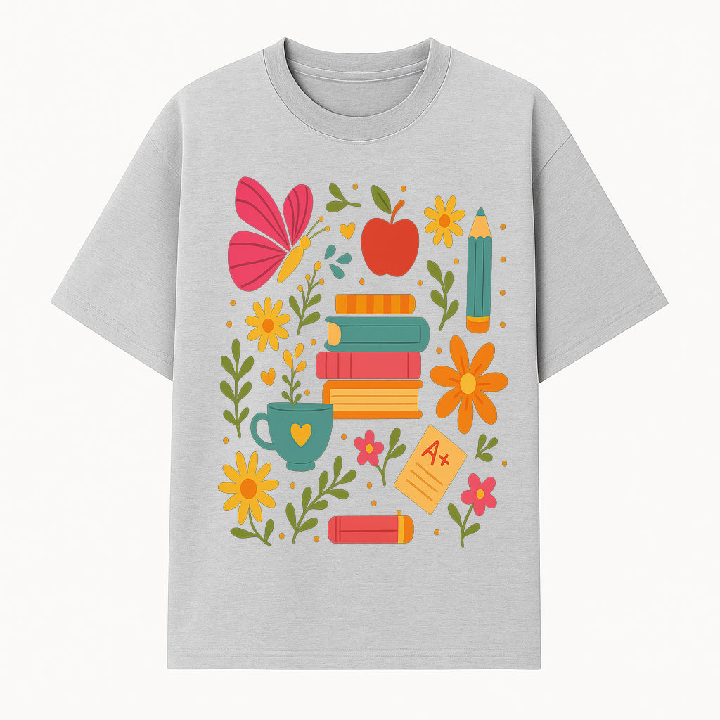 Colorful School Supplies and Flowers Art Print, Butterfly and Books, Educational Decor, Cute Classroom Wall Art, A+ Motivation - T-shirt 1758093372683.jpg