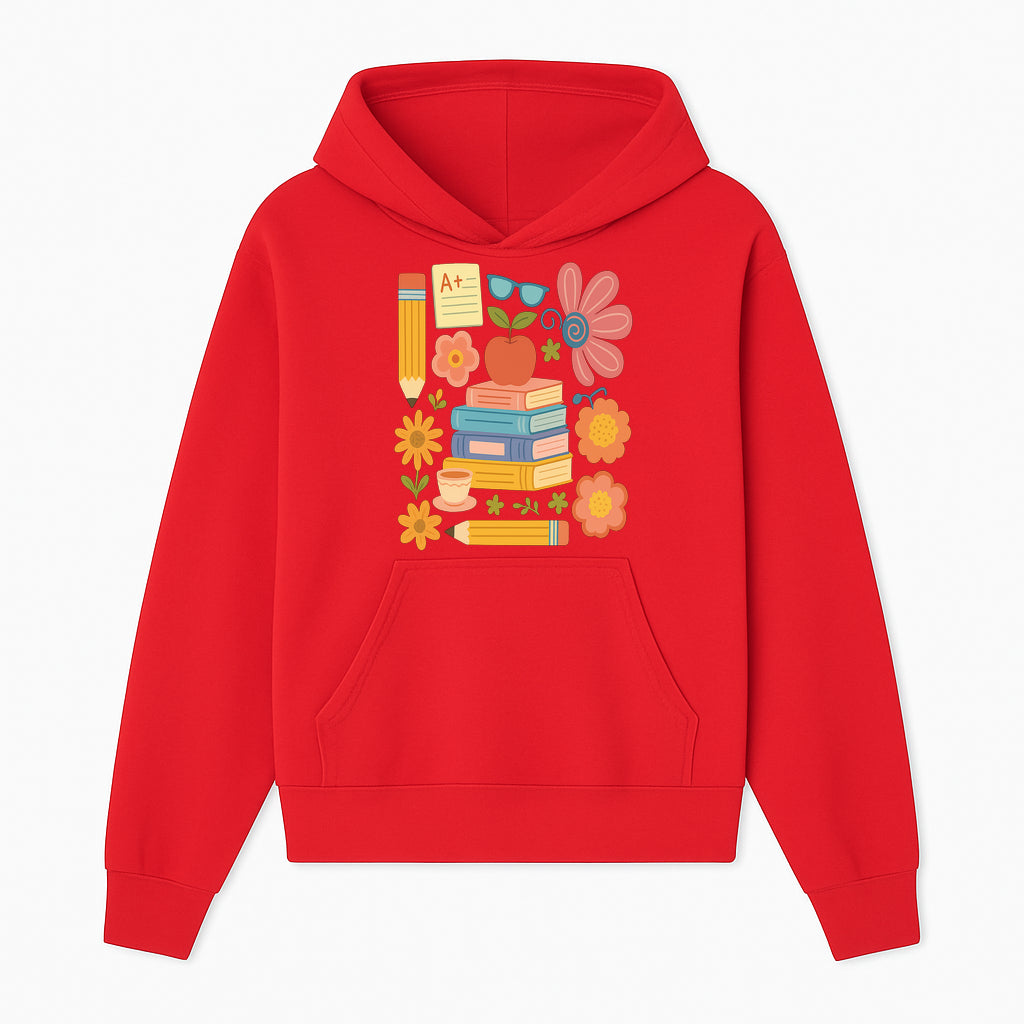 Colorful School Supplies Print - Books, Pencil, Apple, Flowers, and Glasses - Cute Classroom Decor for Kids or Teachers - Hoodie 1758093372710.jpg