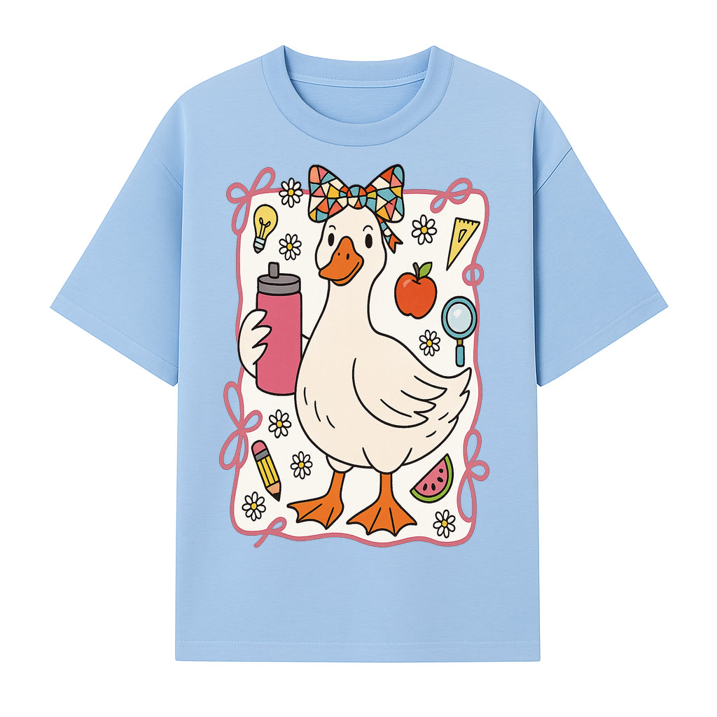 Cute Creative Duck Art Print with Supplies, Colorful Bow, and Fun Icons - Whimsical Home Decor for Kids and Animal Lovers - T-shirt 1758093372711.jpg