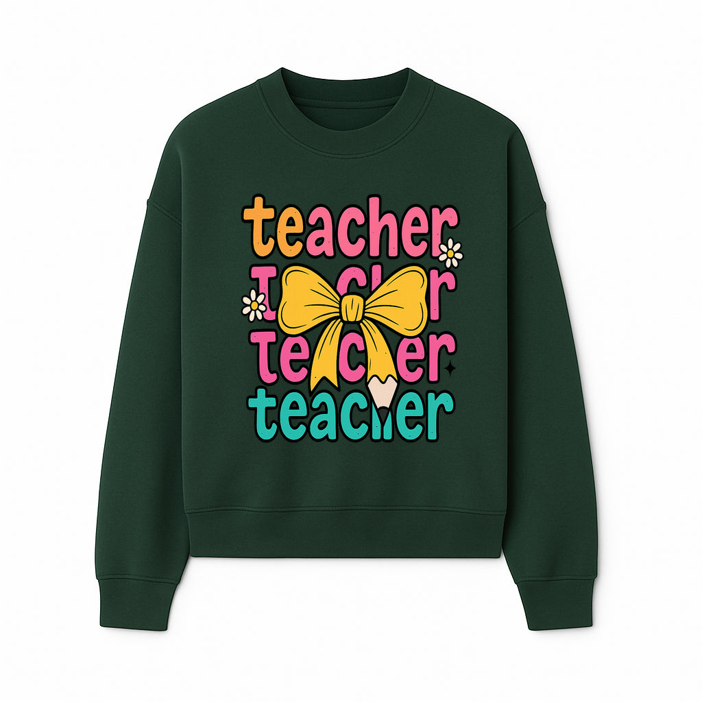 Colorful Teacher Graphic Tee with Pencil and Bow | Cute Teacher Appreciation Gift for Students or Educators - Sweatshirt 1758093372795.jpg