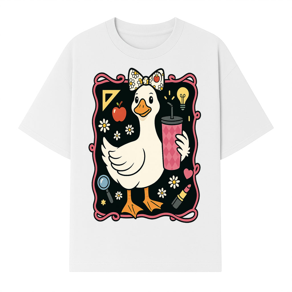 Cute Duck with Bow and Drink - Whimsical Animal Art Print, Fun Retro Style Home Decor, Ideal for Kids' Rooms or Gift Ideas - T-shirt 1758093372798.jpg