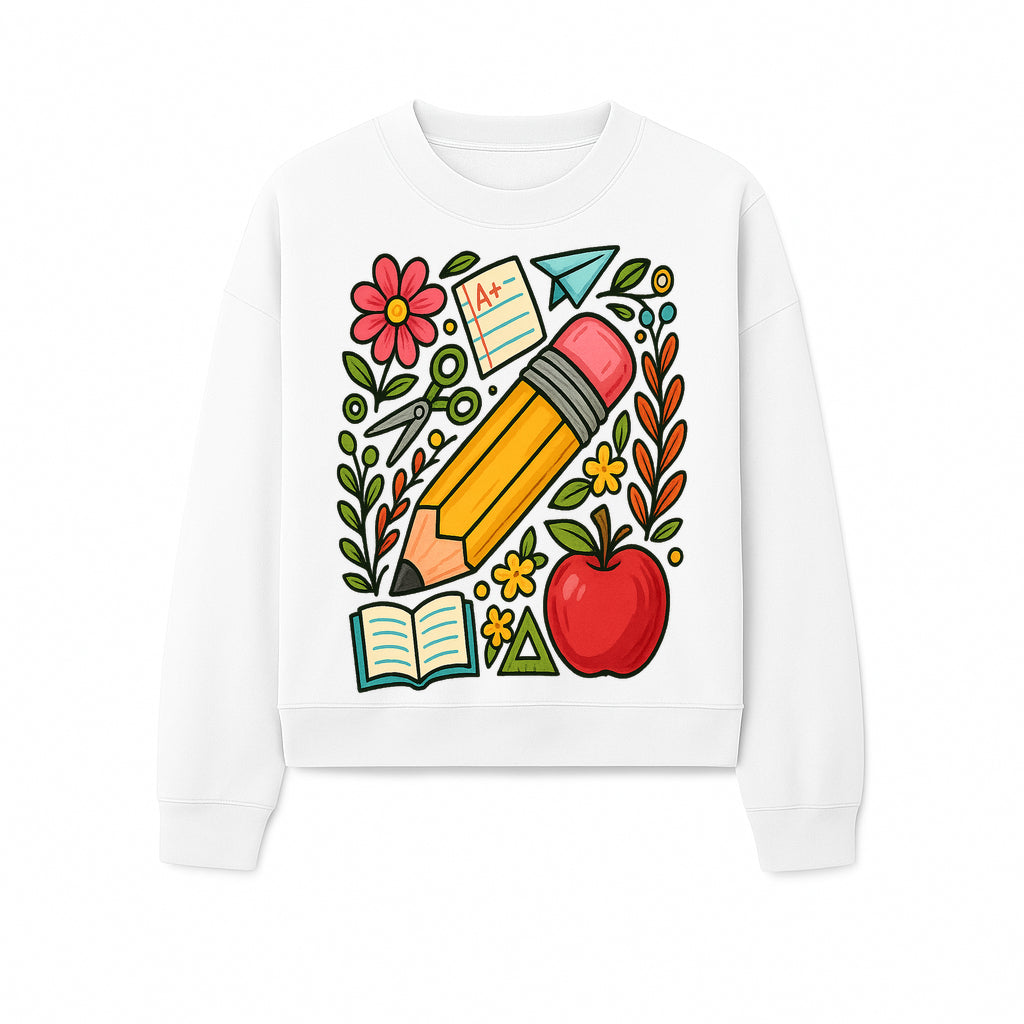 Colorful School Supplies Illustration Pencil, Apple, Flowers, Book and A+ Note Cute Educational Art Print for Classroom Decor - Sweatshirt 1758093372819.jpg