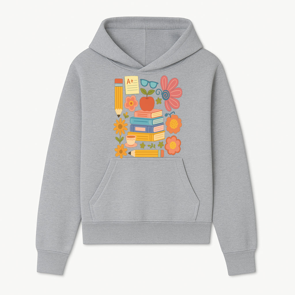 Colorful School Supplies Print - Books, Pencil, Apple, Flowers, and Glasses - Cute Classroom Decor for Kids or Teachers - Hoodie 1758093372837.jpg