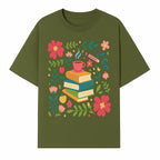 Whimsical Book Stack with Coffee and Flowers Art Print - Cozy Reading Decor for Home or Office - T-shirt 1758093372852.jpg