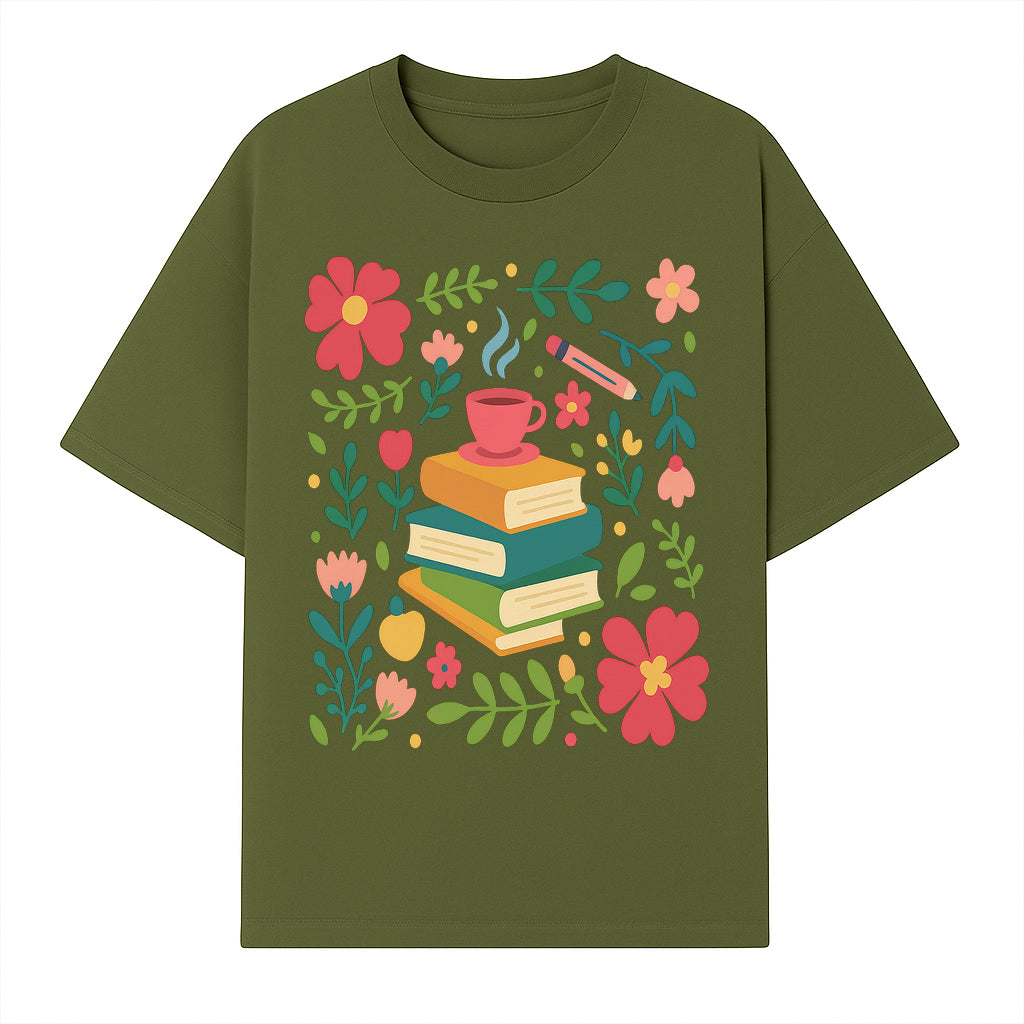 Whimsical Book Stack with Coffee and Flowers Art Print - Cozy Reading Decor for Home or Office - T-shirt 1758093372852.jpg