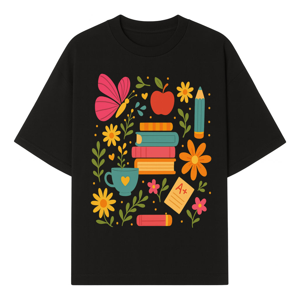 Colorful School Supplies and Flowers Art Print, Butterfly and Books, Educational Decor, Cute Classroom Wall Art, A+ Motivation - T-shirt 1758093372899.jpg