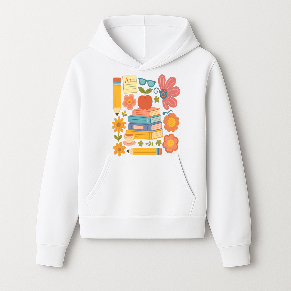 Colorful School Supplies Print - Books, Pencil, Apple, Flowers, and Glasses - Cute Classroom Decor for Kids or Teachers - Hoodie 1758093373012.jpg