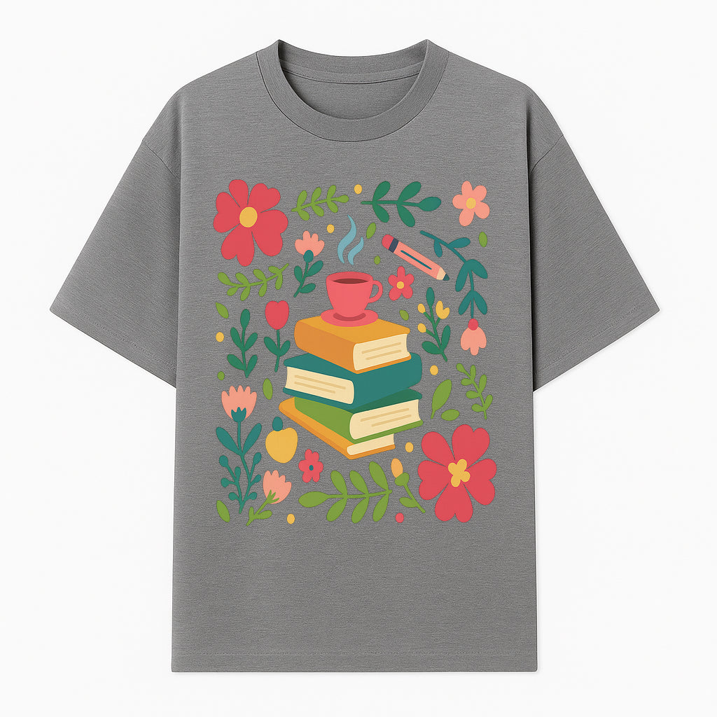 Whimsical Book Stack with Coffee and Flowers Art Print - Cozy Reading Decor for Home or Office - T-shirt 1758093373051.jpg