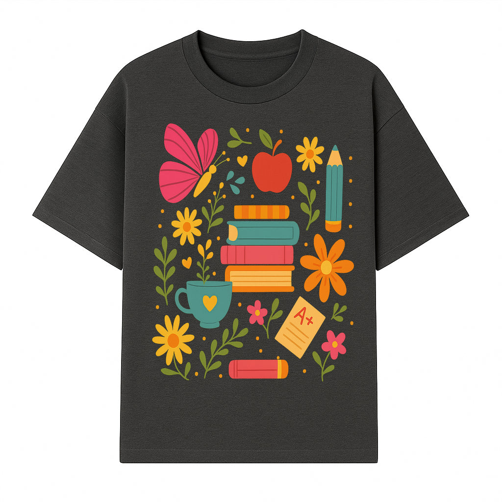 Colorful School Supplies and Flowers Art Print, Butterfly and Books, Educational Decor, Cute Classroom Wall Art, A+ Motivation - T-shirt 1758093373067.jpg