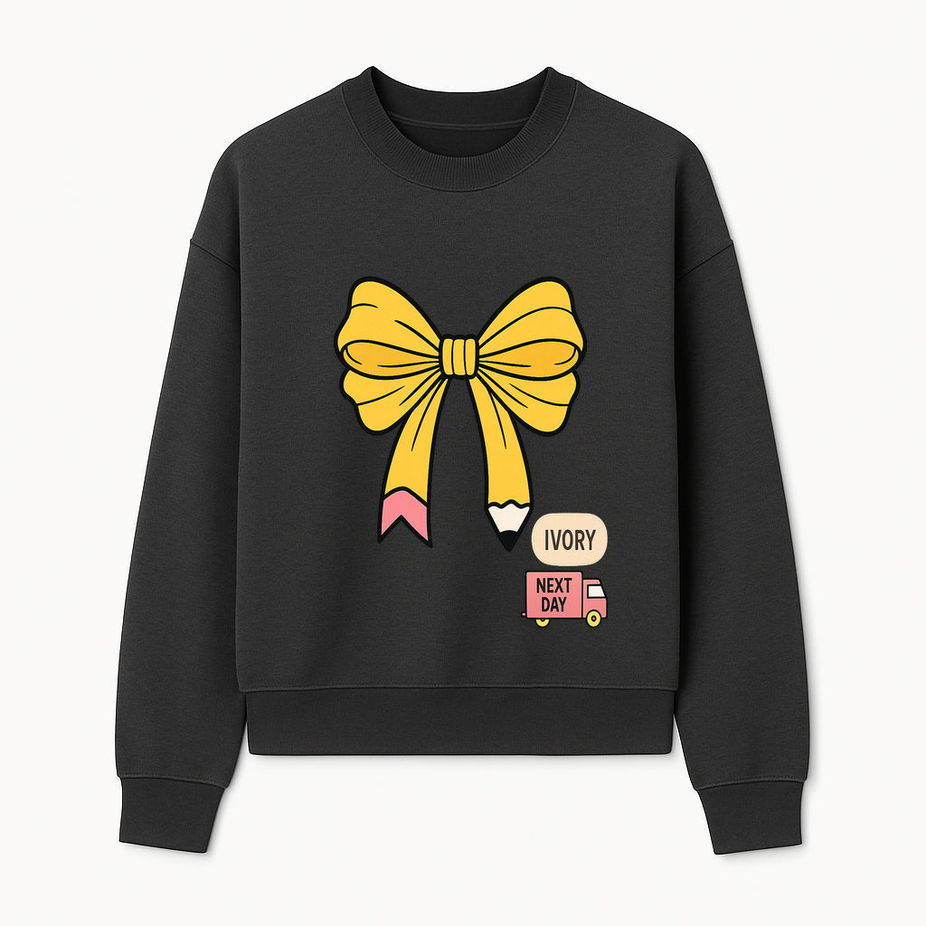 Yellow Pencil Bow Decor Cute Stationery Gift, Art Supplies, Kids School Accessories, Next Day Shipping, Ivory Color Theme - Sweatshirt 1758093373115.jpg