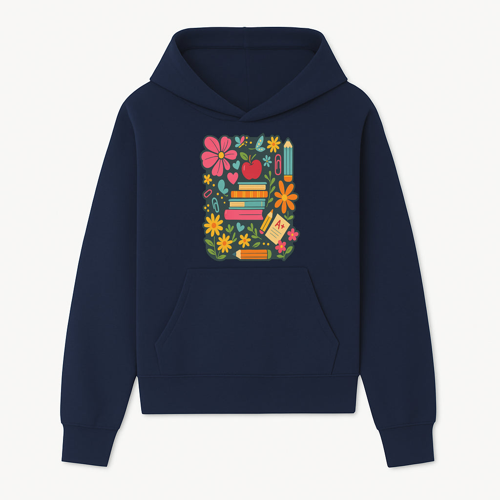 Colorful School Supplies and Flowers Illustration, Cute Educational Wall Art, Back to School Decor, Classroom Decoration, Kids Room Art - Hoodie 1758093373124.jpg