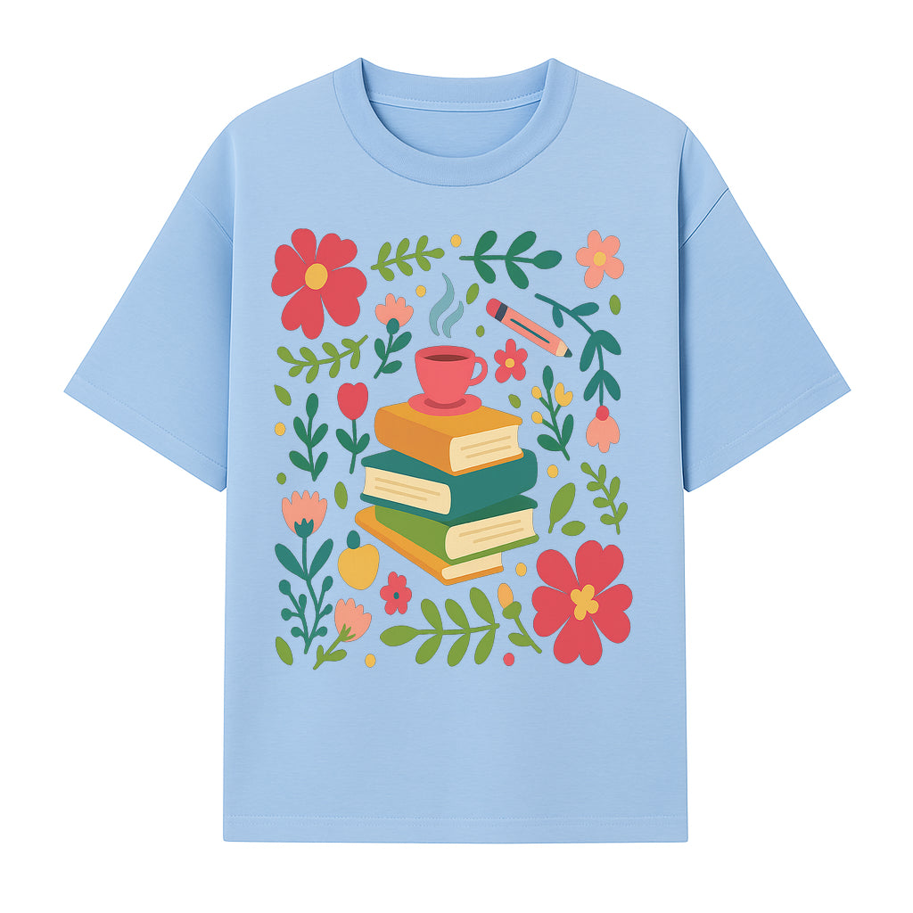 Whimsical Book Stack with Coffee and Flowers Art Print - Cozy Reading Decor for Home or Office - T-shirt 1758093373221.jpg