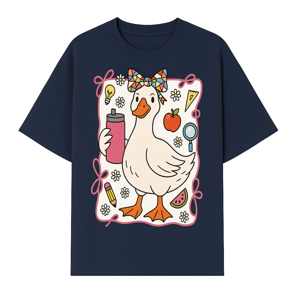 Cute Creative Duck Art Print with Supplies, Colorful Bow, and Fun Icons - Whimsical Home Decor for Kids and Animal Lovers - T-shirt 1758093373254.jpg