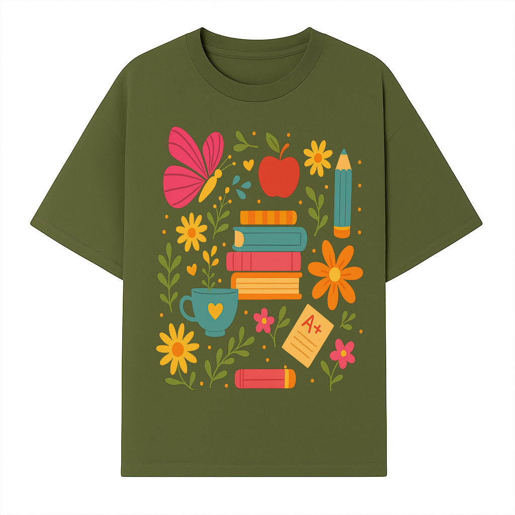 Colorful School Supplies and Flowers Art Print, Butterfly and Books, Educational Decor, Cute Classroom Wall Art, A+ Motivation - T-shirt 1758093373268.jpg