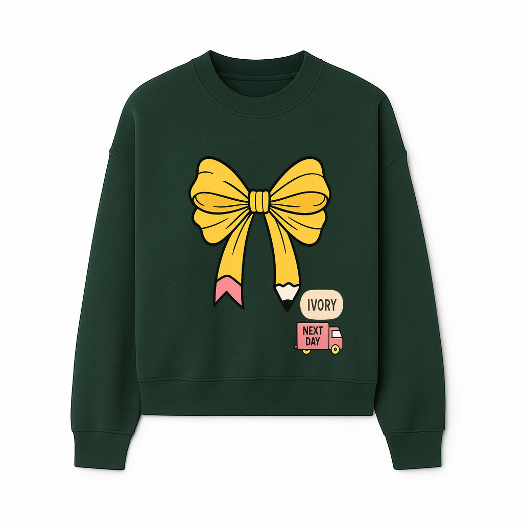 Yellow Pencil Bow Decor Cute Stationery Gift, Art Supplies, Kids School Accessories, Next Day Shipping, Ivory Color Theme - Sweatshirt 1758093373288.jpg