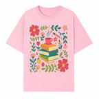 Whimsical Book Stack with Coffee and Flowers Art Print - Cozy Reading Decor for Home or Office - T-shirt 1758093373378.jpg