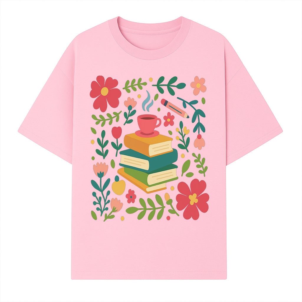 Whimsical Book Stack with Coffee and Flowers Art Print - Cozy Reading Decor for Home or Office - T-shirt 1758093373378.jpg