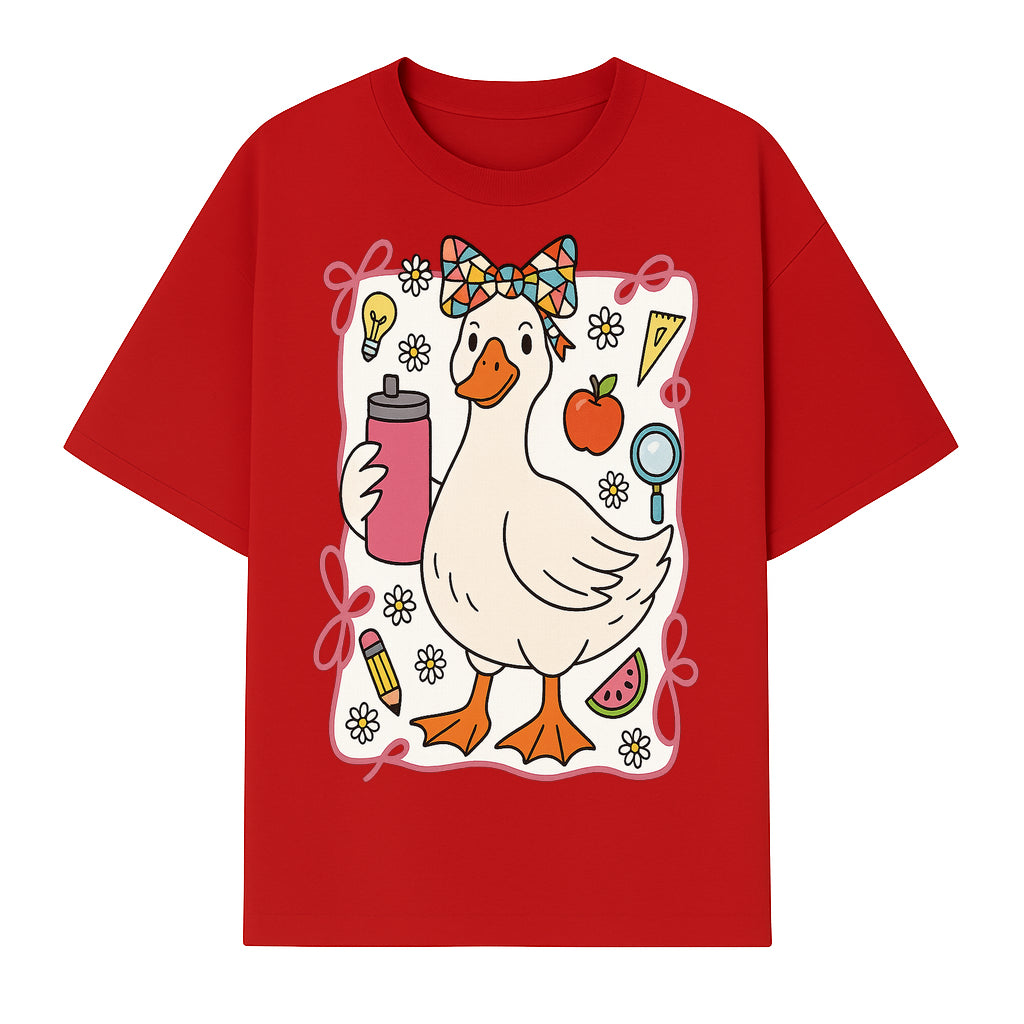 Cute Creative Duck Art Print with Supplies, Colorful Bow, and Fun Icons - Whimsical Home Decor for Kids and Animal Lovers - T-shirt 1758093373391.jpg