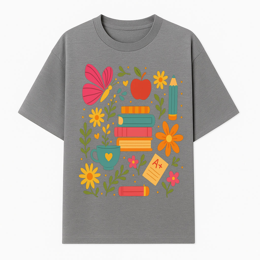Colorful School Supplies and Flowers Art Print, Butterfly and Books, Educational Decor, Cute Classroom Wall Art, A+ Motivation - T-shirt 1758093373424.jpg