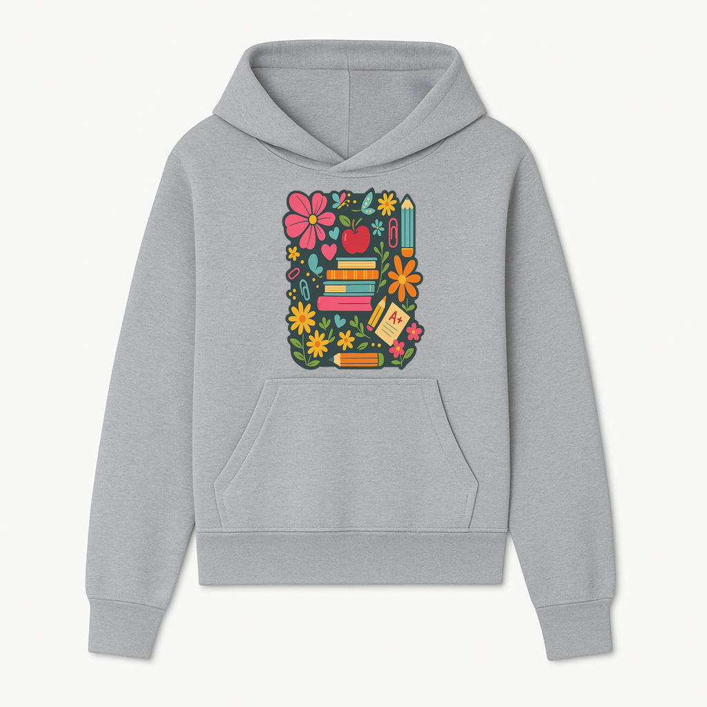Colorful School Supplies and Flowers Illustration, Cute Educational Wall Art, Back to School Decor, Classroom Decoration, Kids Room Art - Hoodie 1758093373430.jpg
