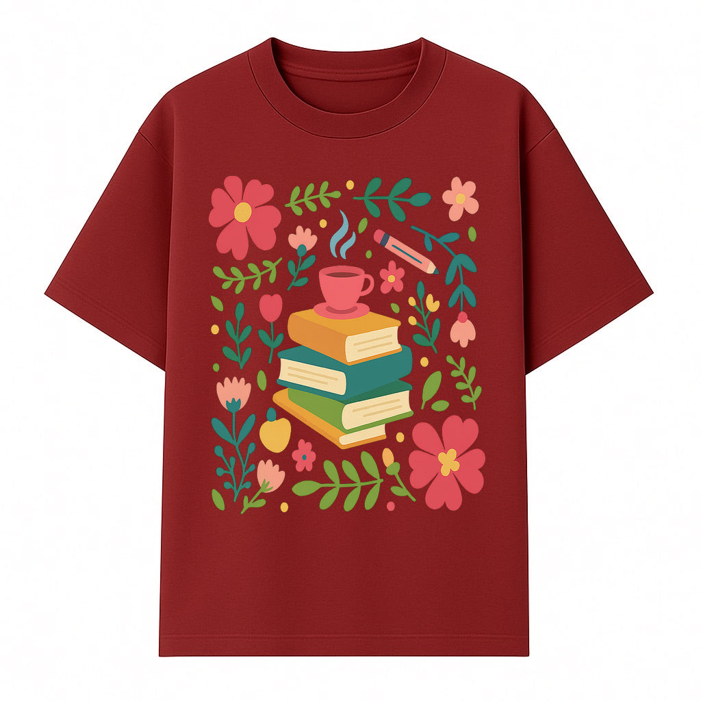 Whimsical Book Stack with Coffee and Flowers Art Print - Cozy Reading Decor for Home or Office - T-shirt 1758093373522.jpg