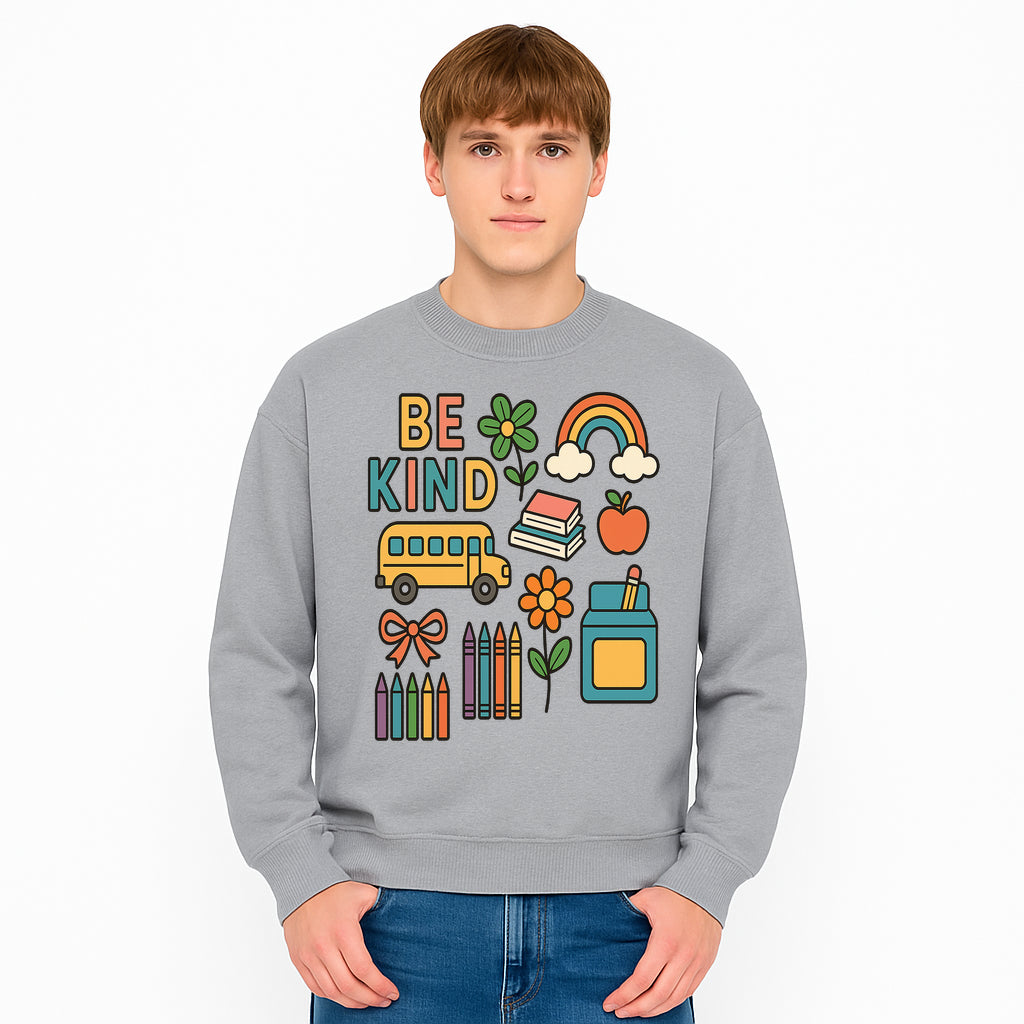 Be Kind Back to School Art Print with Rainbow, Flower, Bus, Crayons, Books, Apple - Classroom Decor for Kids - Sweatshirt 1758093373534.jpg