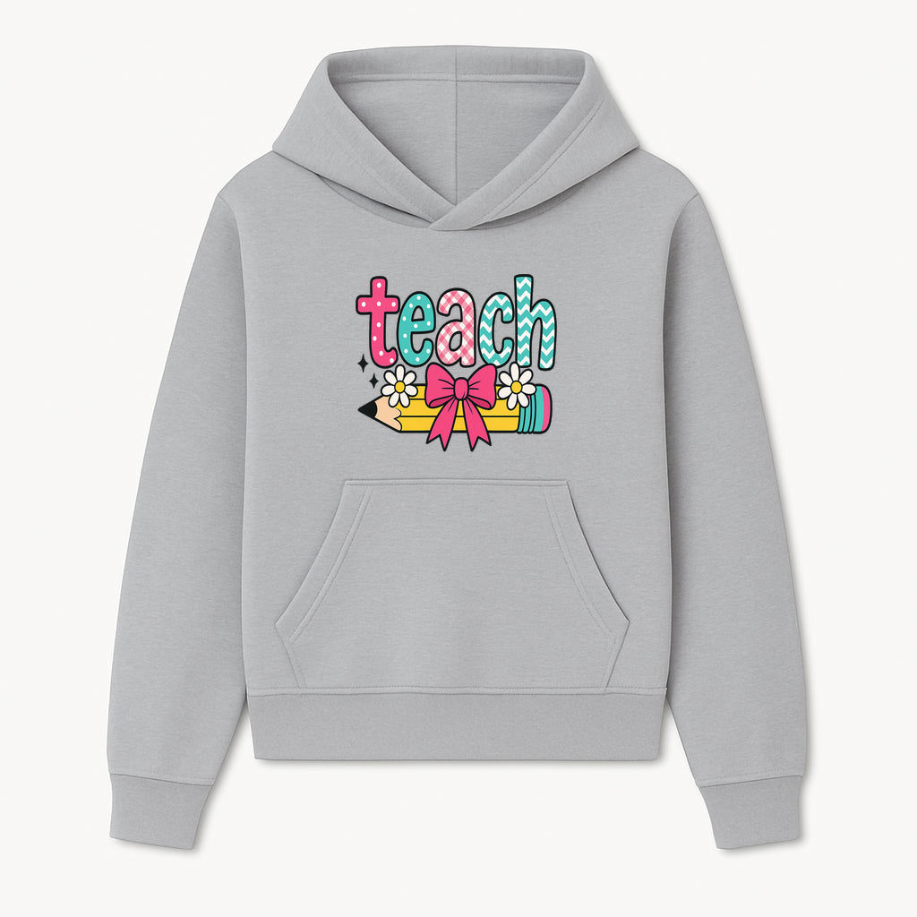 Colorful Teach Design with Pencil, Flowers, and Bow - Perfect for Teacher's Gifts, Classroom Decor, or Back-to-School Apparel - Hoodie 1758093373539.jpg