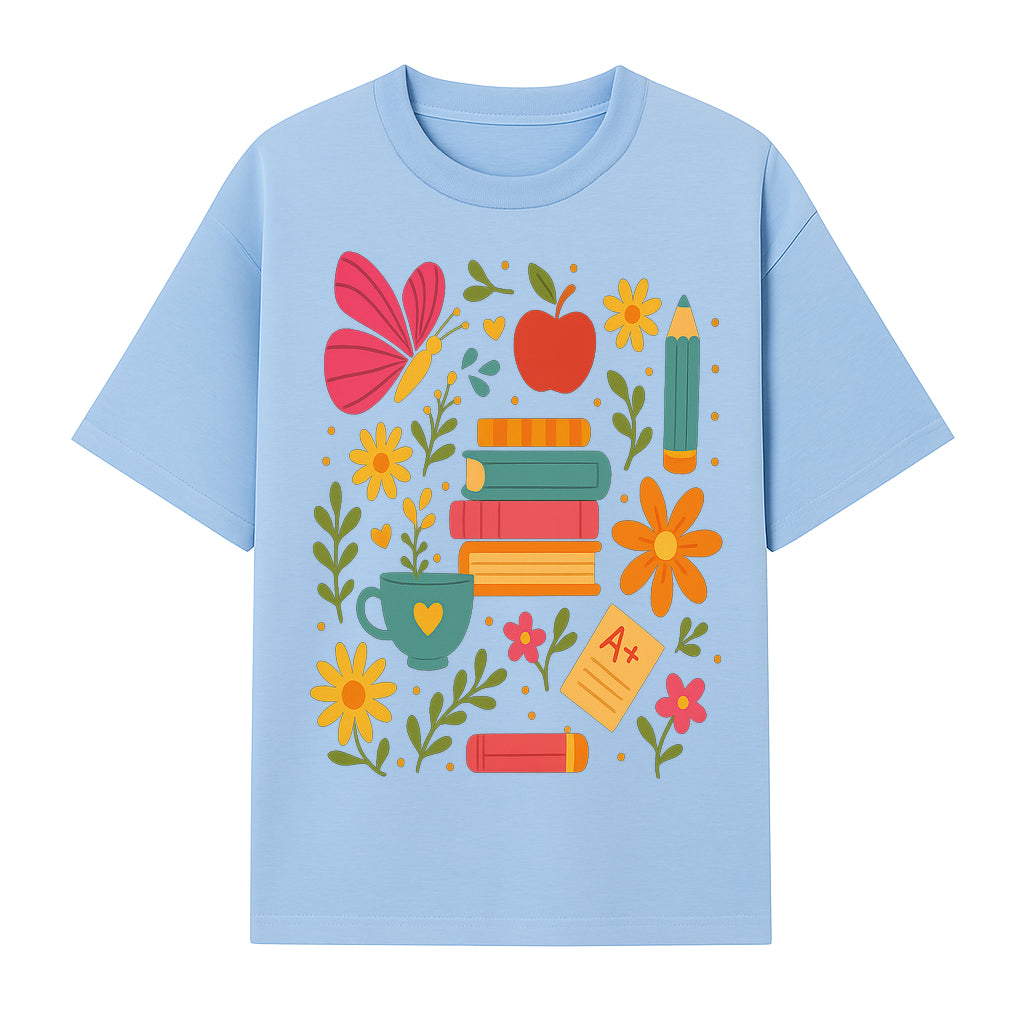 Colorful School Supplies and Flowers Art Print, Butterfly and Books, Educational Decor, Cute Classroom Wall Art, A+ Motivation - T-shirt 1758093373592.jpg