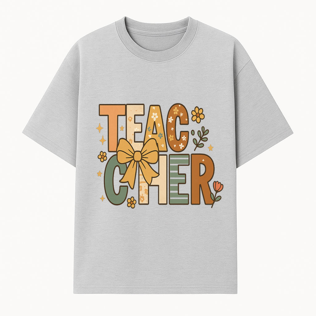 Colorful Teacher Appreciation Art Print with Floral Design and Bow, Ideal for Classroom Decor or Gifts - T-shirt 1758093373593.jpg