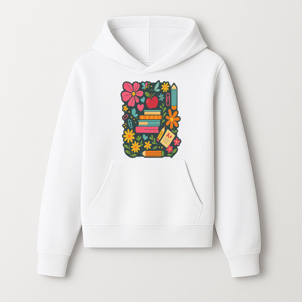 Colorful School Supplies and Flowers Illustration, Cute Educational Wall Art, Back to School Decor, Classroom Decoration, Kids Room Art - Hoodie 1758093373621.jpg