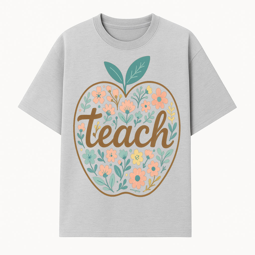 Floral Apple Teach Wall Art Decor - Teacher Gift, Classroom Decor, Inspirational Quote, Colorful Art Print - T-shirt 1758093373628.jpg
