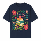 Whimsical Book Stack with Coffee and Flowers Art Print - Cozy Reading Decor for Home or Office - T-shirt 1758093373687.jpg