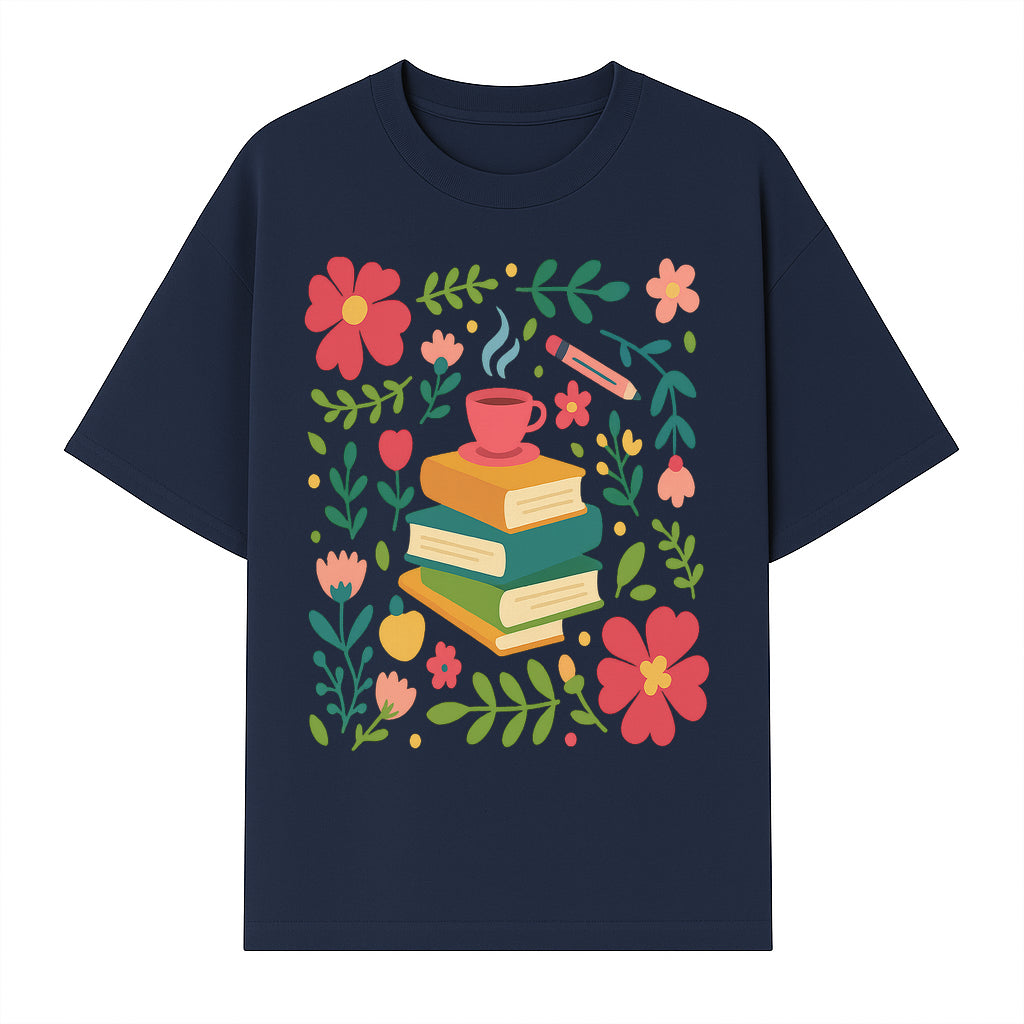 Whimsical Book Stack with Coffee and Flowers Art Print - Cozy Reading Decor for Home or Office - T-shirt 1758093373687.jpg