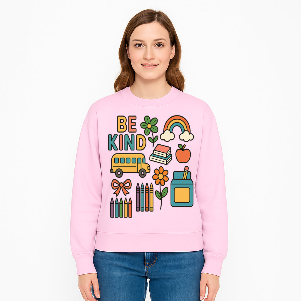 Be Kind Back to School Art Print with Rainbow, Flower, Bus, Crayons, Books, Apple - Classroom Decor for Kids - Sweatshirt 1758093373728.jpg