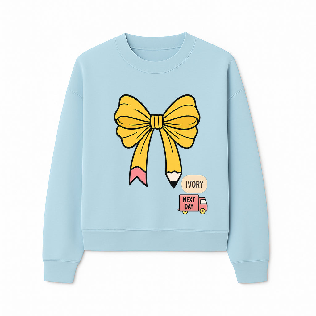 Yellow Pencil Bow Decor Cute Stationery Gift, Art Supplies, Kids School Accessories, Next Day Shipping, Ivory Color Theme - Sweatshirt 1758093373730.jpg