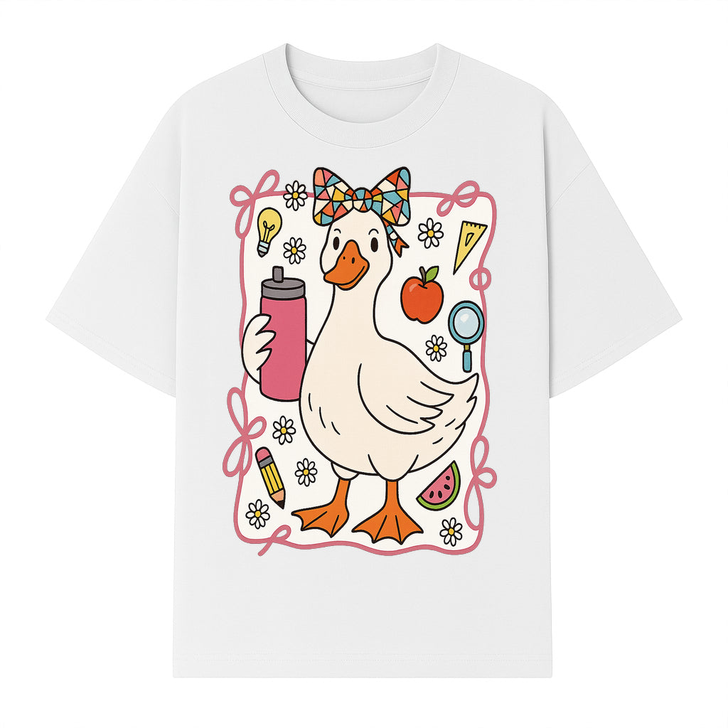 Cute Creative Duck Art Print with Supplies, Colorful Bow, and Fun Icons - Whimsical Home Decor for Kids and Animal Lovers - T-shirt 1758093373732.jpg