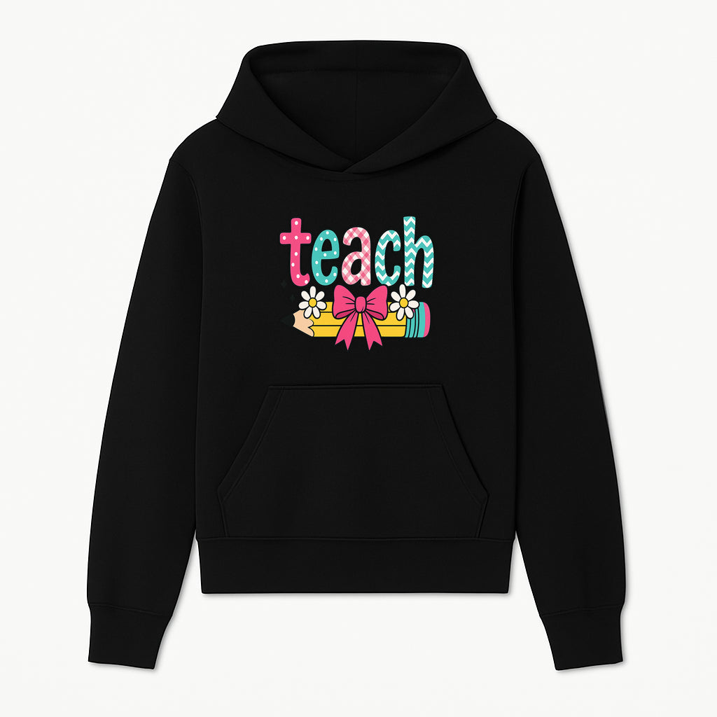 Colorful Teach Design with Pencil, Flowers, and Bow - Perfect for Teacher's Gifts, Classroom Decor, or Back-to-School Apparel - Hoodie 1758093373737.jpg
