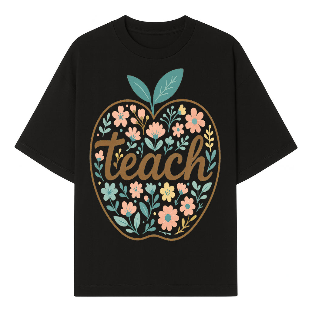 Floral Apple Teach Wall Art Decor - Teacher Gift, Classroom Decor, Inspirational Quote, Colorful Art Print - T-shirt 1758093373806.jpg