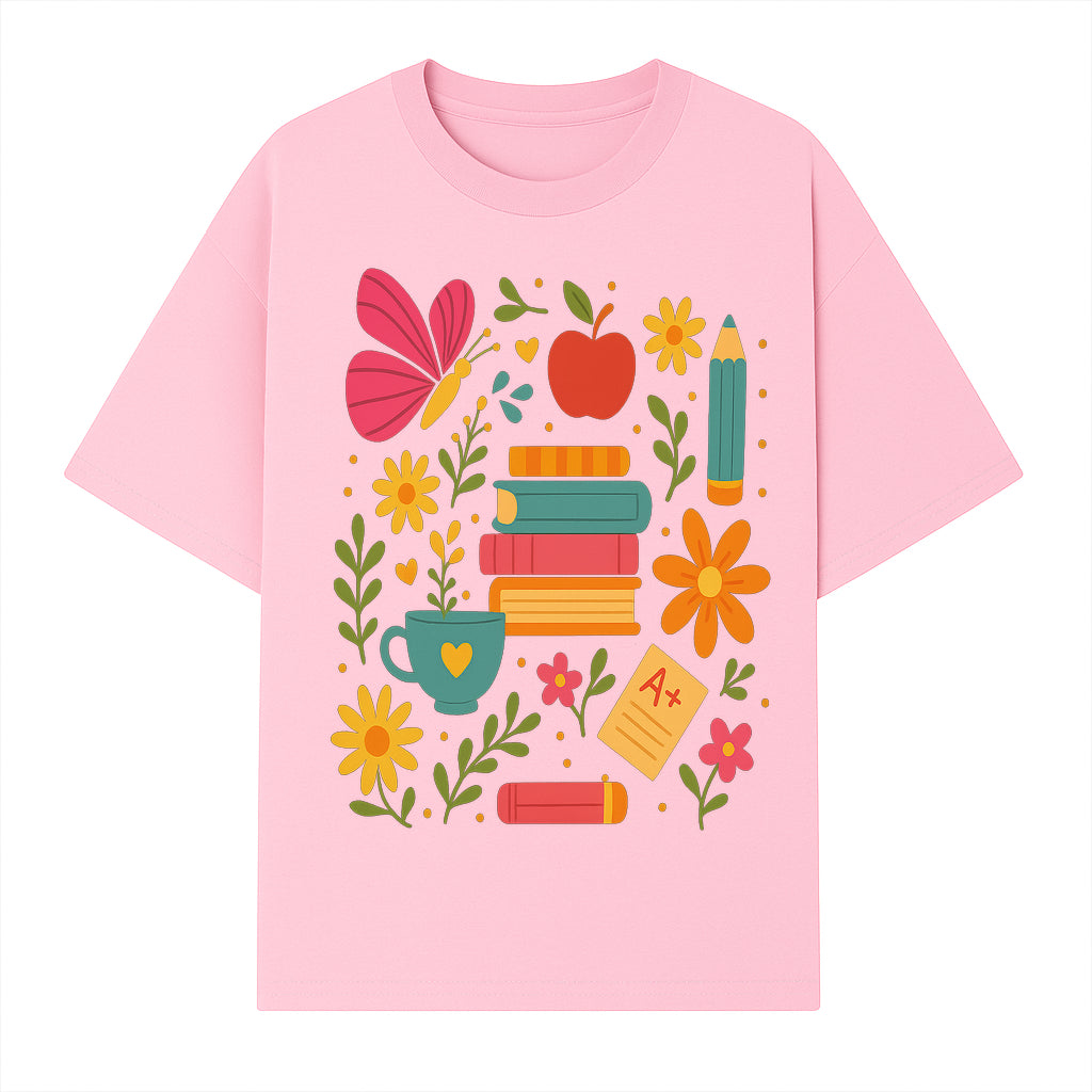 Colorful School Supplies and Flowers Art Print, Butterfly and Books, Educational Decor, Cute Classroom Wall Art, A+ Motivation - T-shirt 1758093373812.jpg