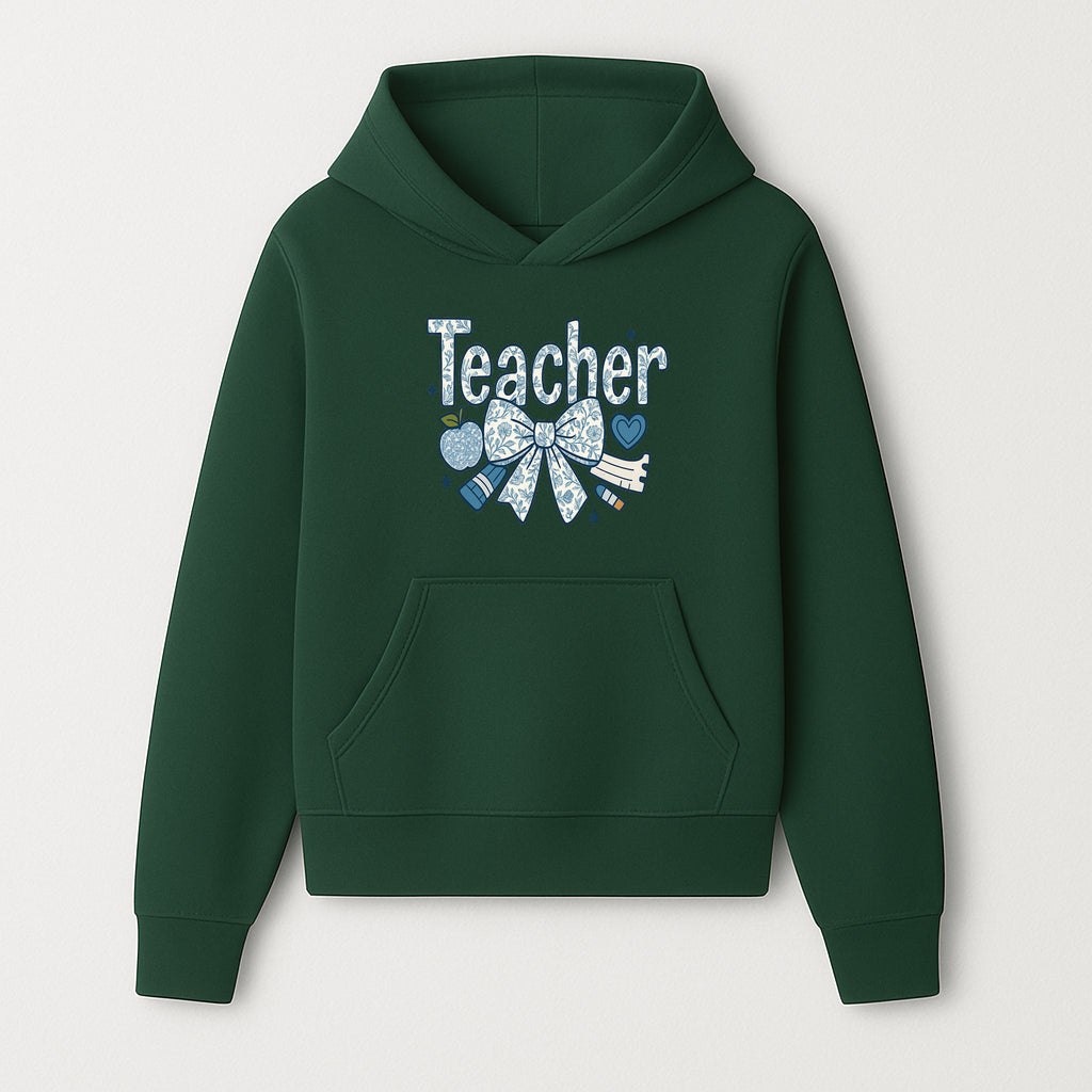 Floral Teacher Design with Apple, Bow & Stationery - Perfect Gift for Educators, Teachers' Day, Classroom Decor, Cute Art Print - Hoodie 1758093373818.jpg