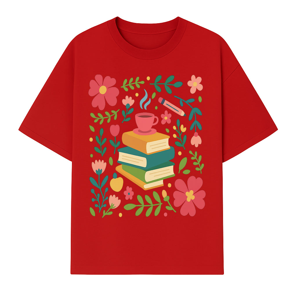 Whimsical Book Stack with Coffee and Flowers Art Print - Cozy Reading Decor for Home or Office - T-shirt 1758093373837.jpg