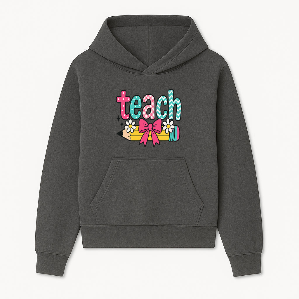 Colorful Teach Design with Pencil, Flowers, and Bow - Perfect for Teacher's Gifts, Classroom Decor, or Back-to-School Apparel - Hoodie 1758093373904.jpg