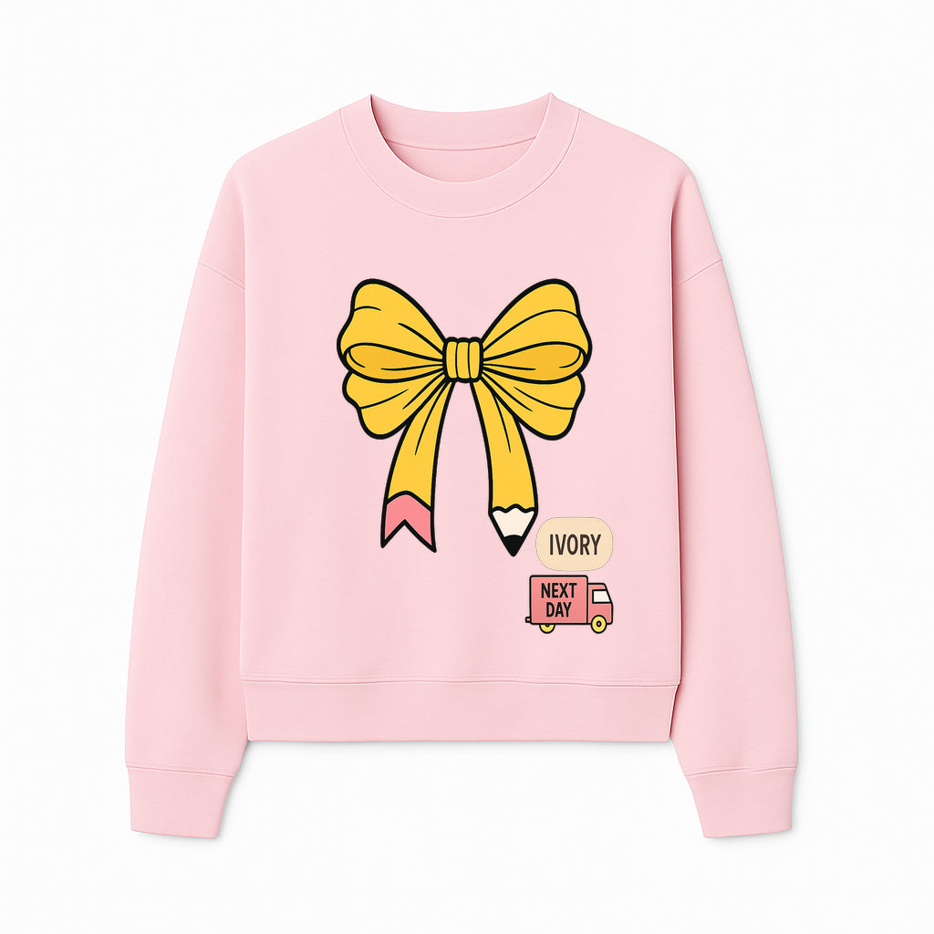 Yellow Pencil Bow Decor Cute Stationery Gift, Art Supplies, Kids School Accessories, Next Day Shipping, Ivory Color Theme - Sweatshirt 1758093373911.jpg